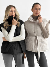 Puff quilted vest with a cream belt