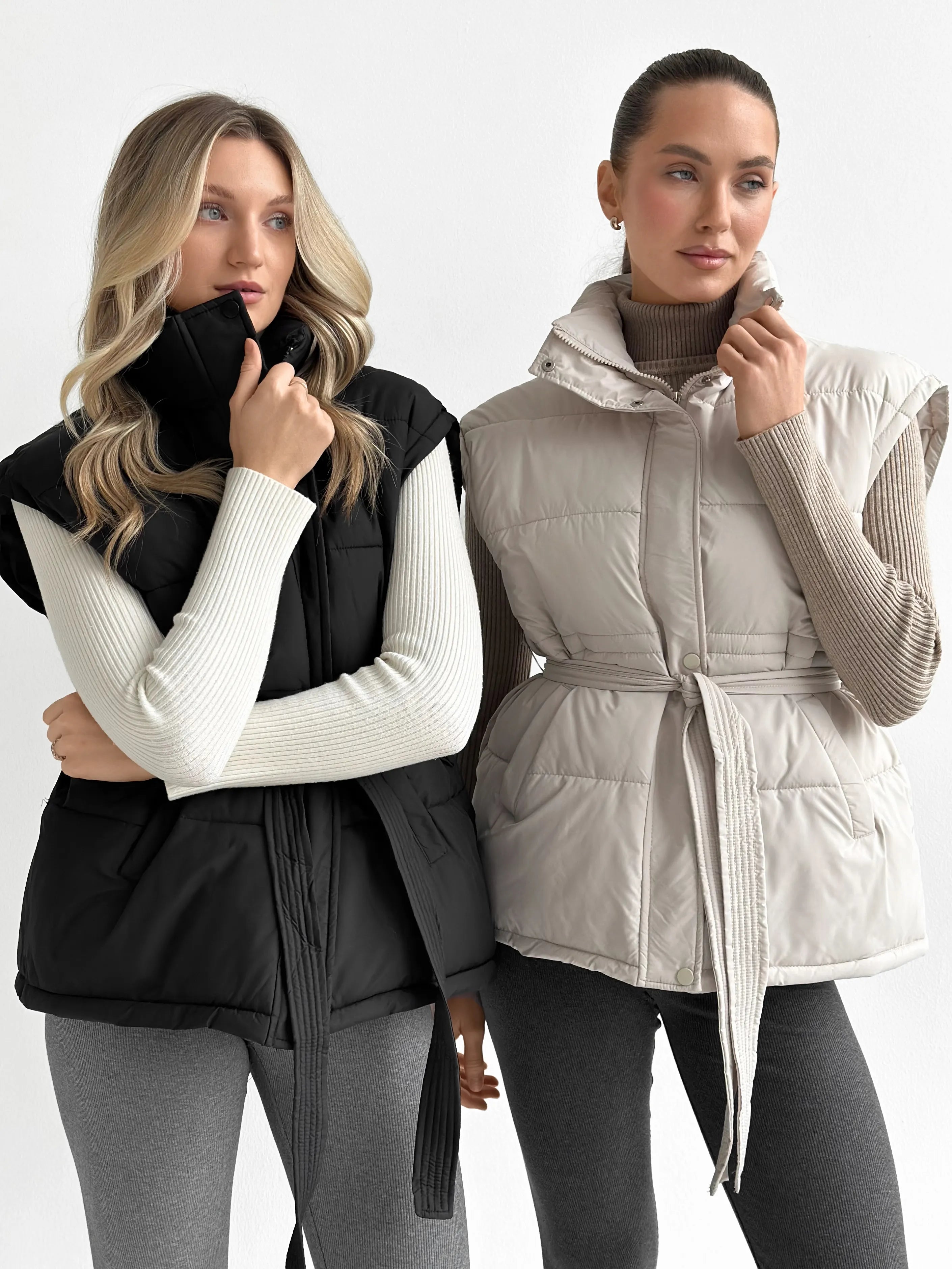 Puff quilted vest with a cream belt
