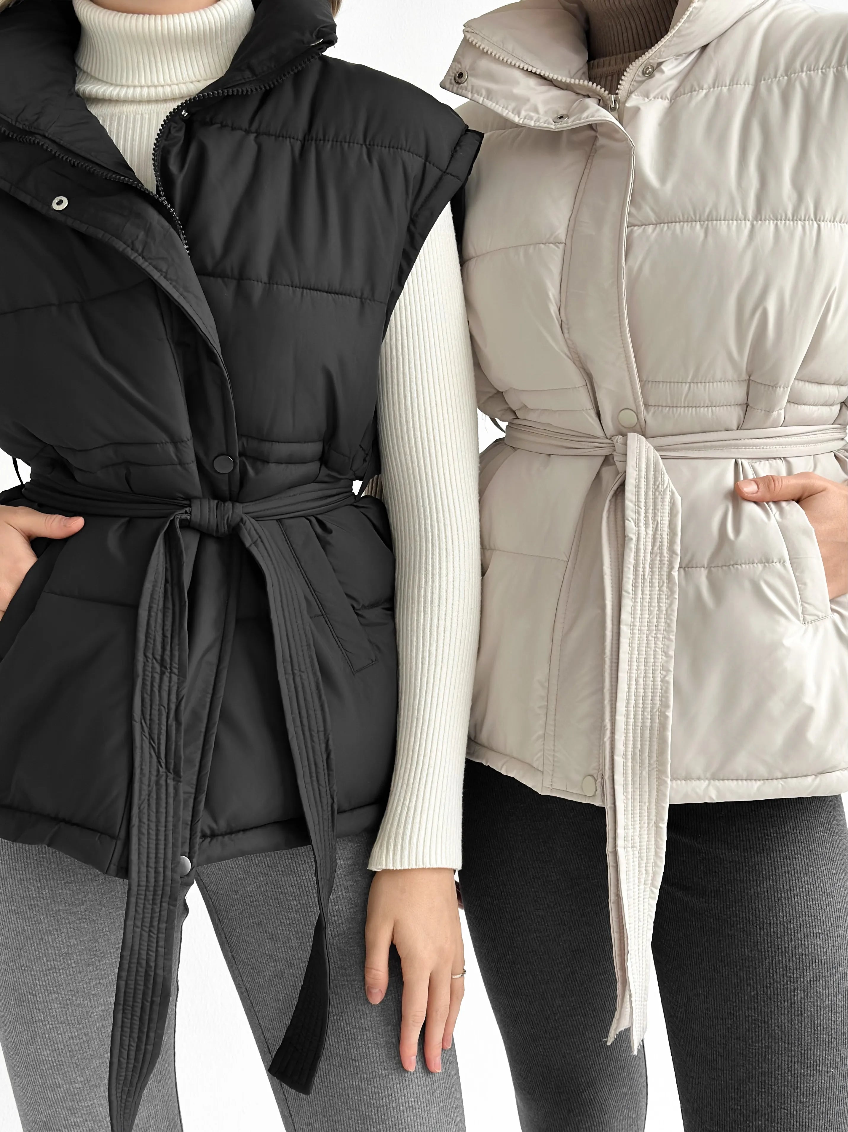 Puff quilted vest with a cream belt