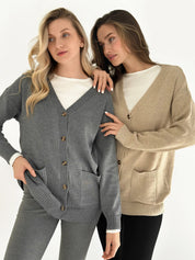 Knitted cardigan elongated with buttons beige