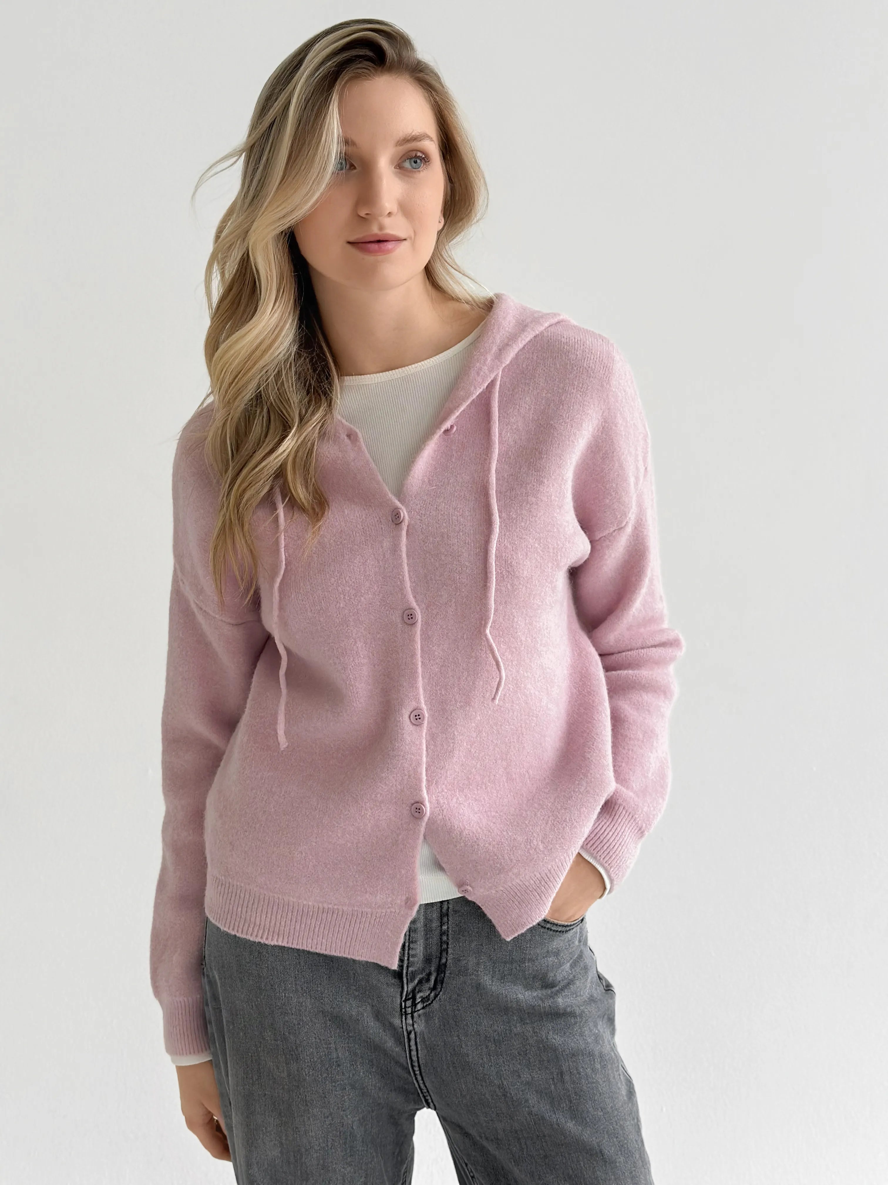 Wool cardigan with hood and buttons pink