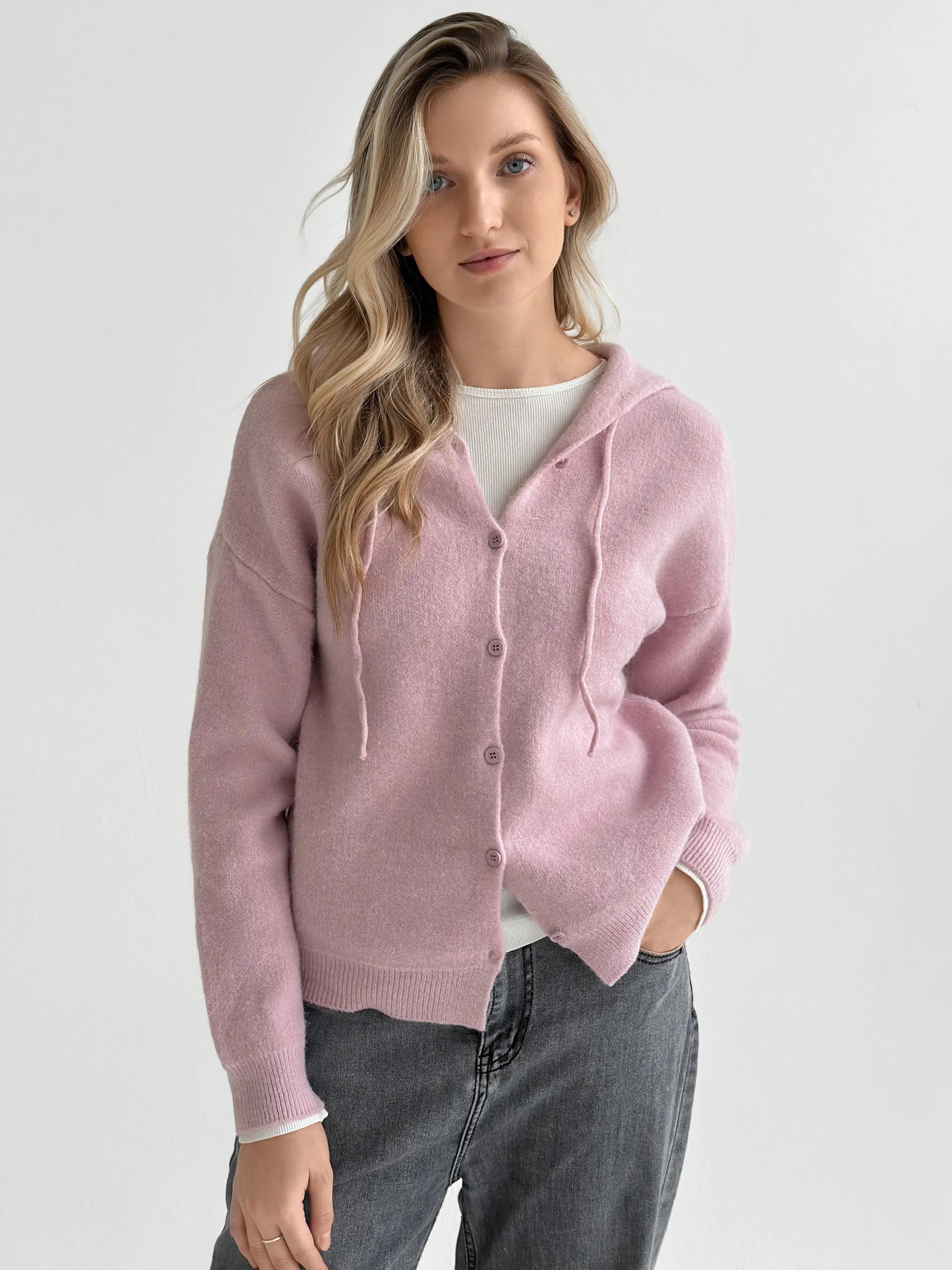 Wool cardigan with hood and buttons pink