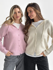 Wool cardigan with hood and buttons milky