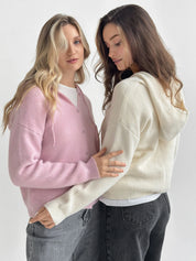 Wool cardigan with hood and buttons milky