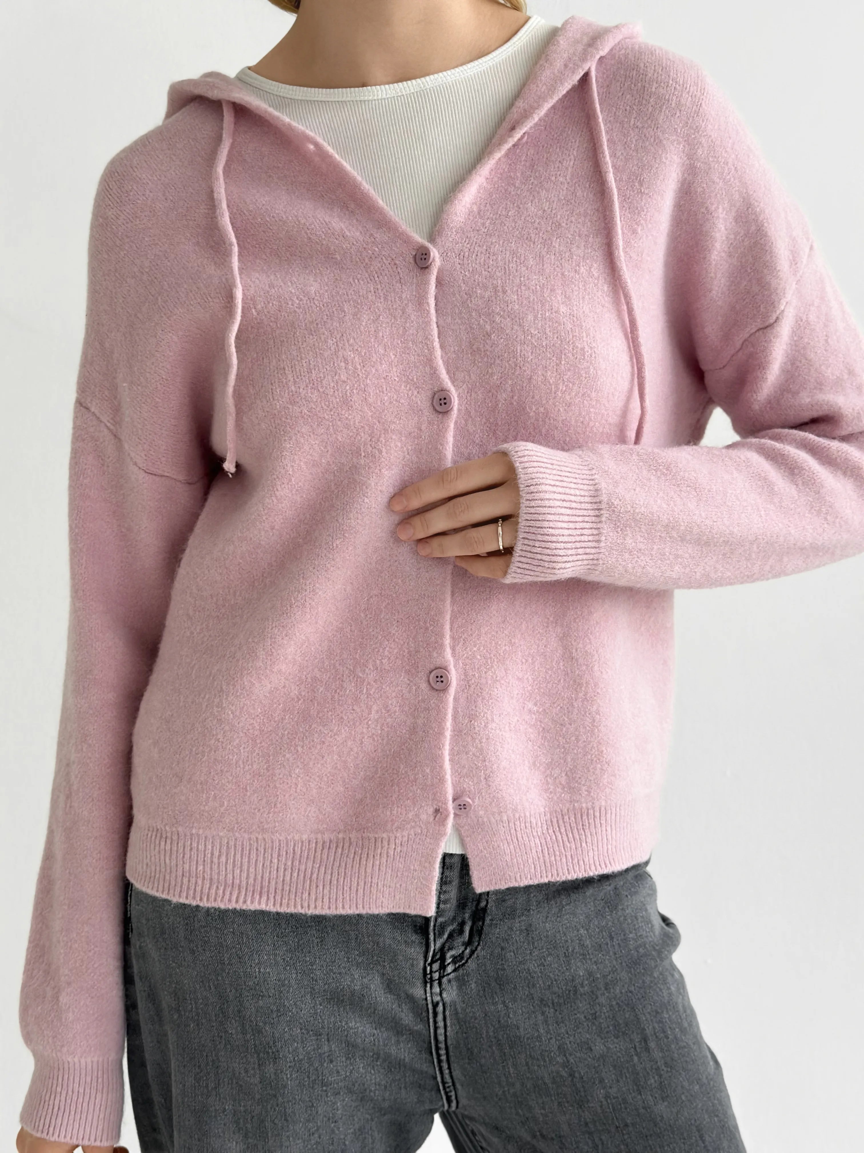 Wool cardigan with hood and buttons pink
