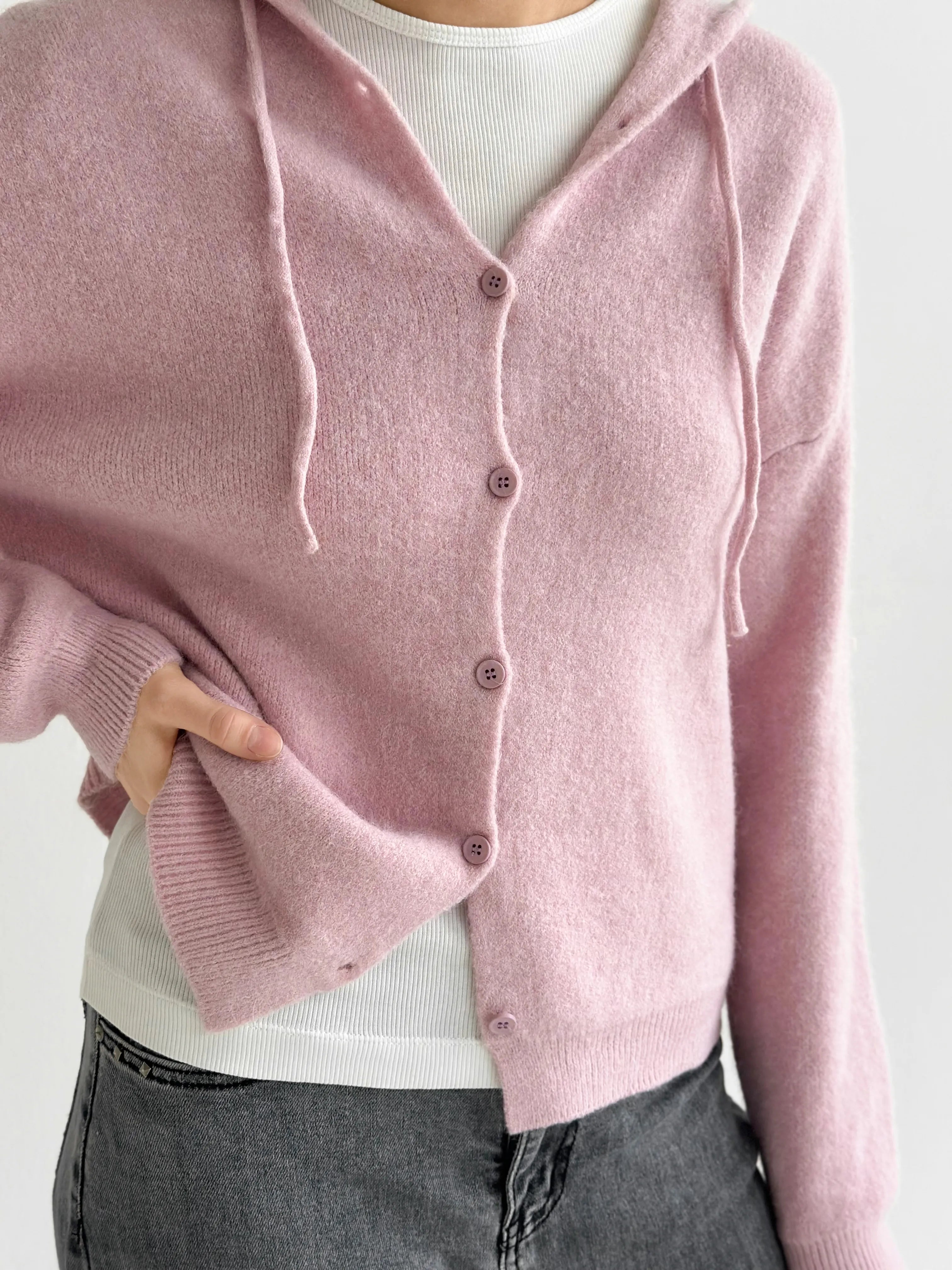 Wool cardigan with hood and buttons pink