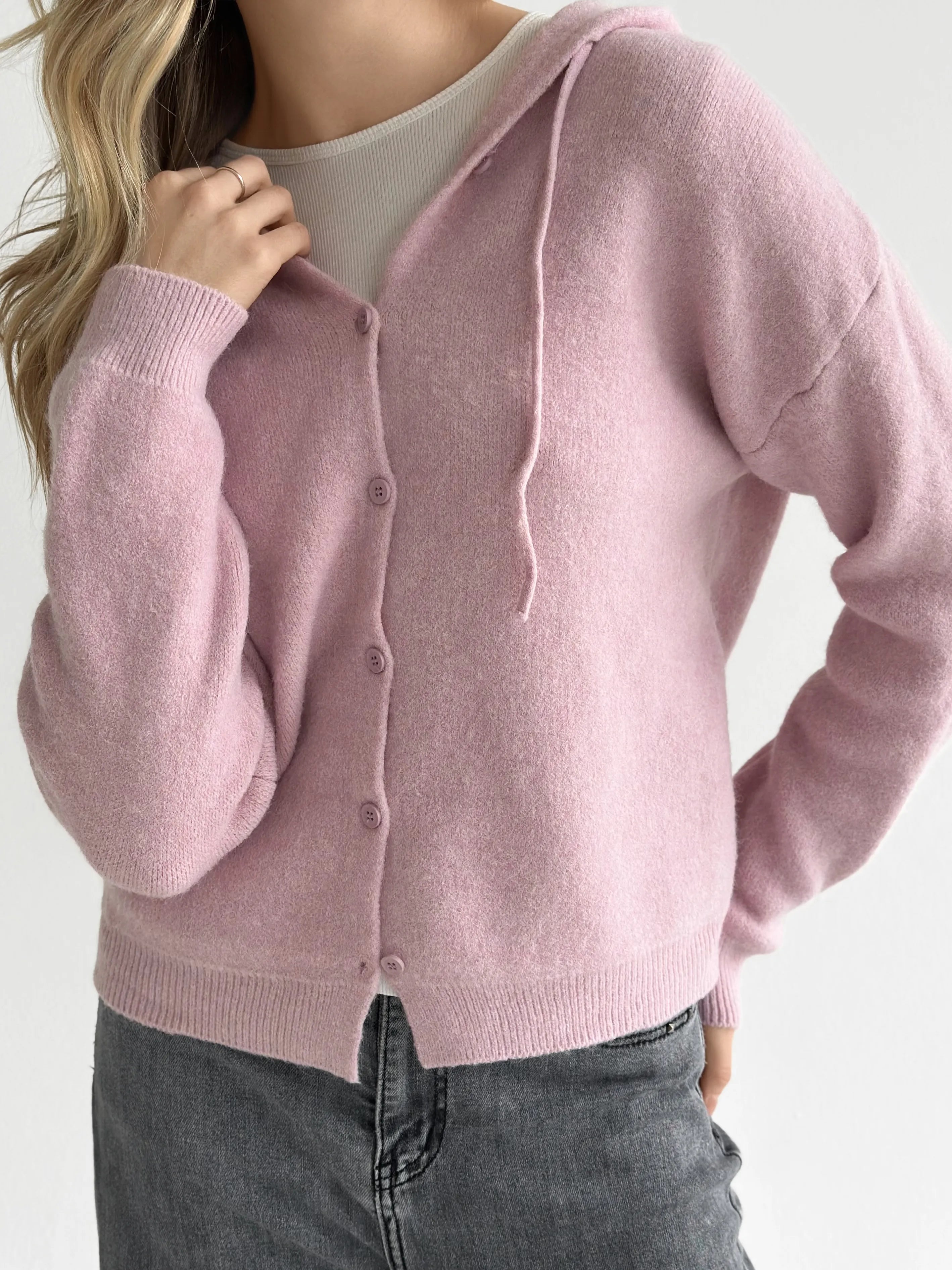 Wool cardigan with hood and buttons pink