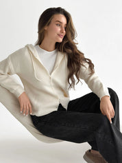 Wool cardigan with hood and buttons milky