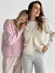 Wool cardigan with hood and buttons milky