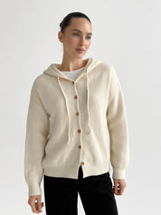 Hooded cardigan with brown buttons, milky