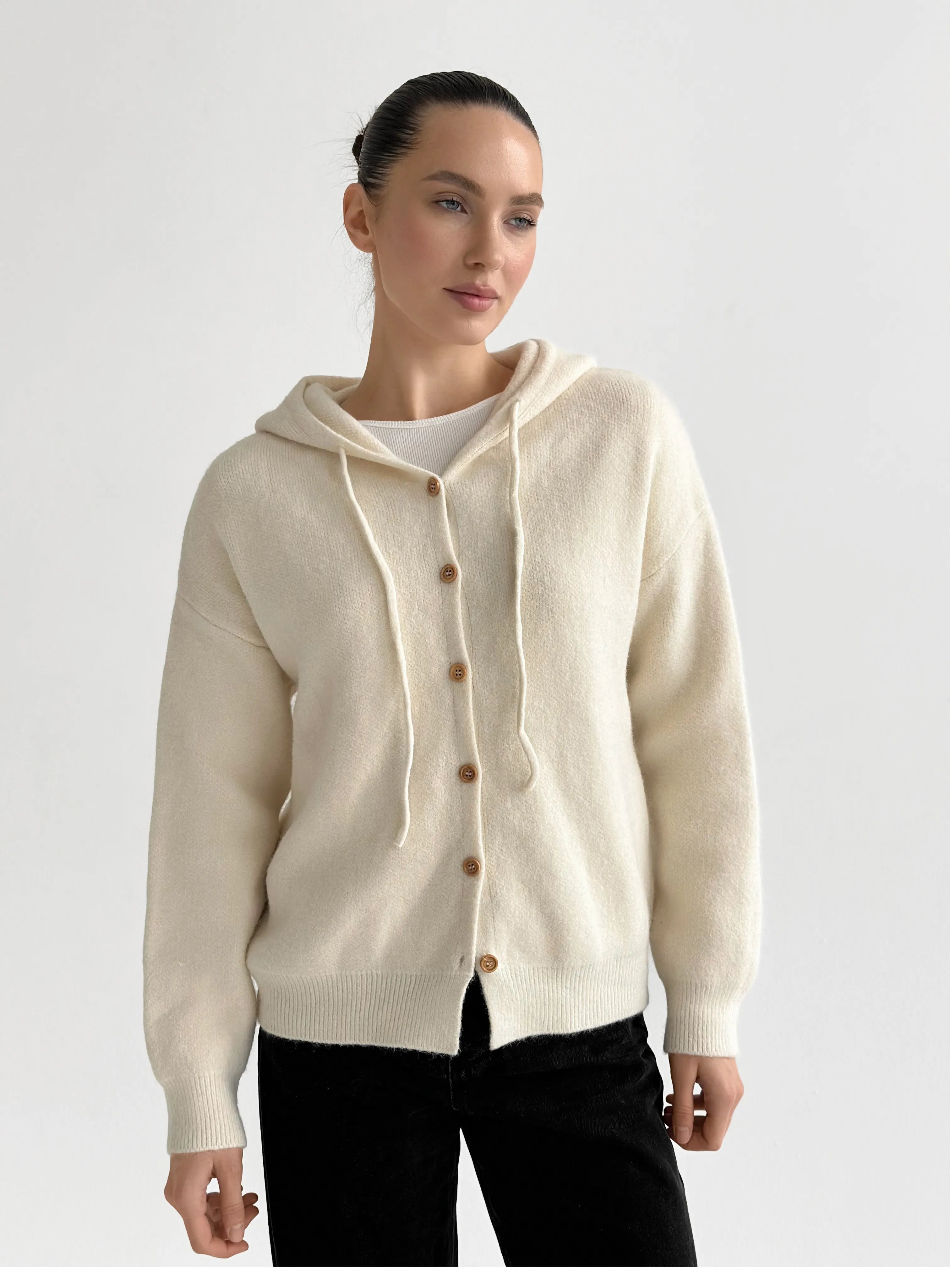 Hooded cardigan with brown buttons, milky