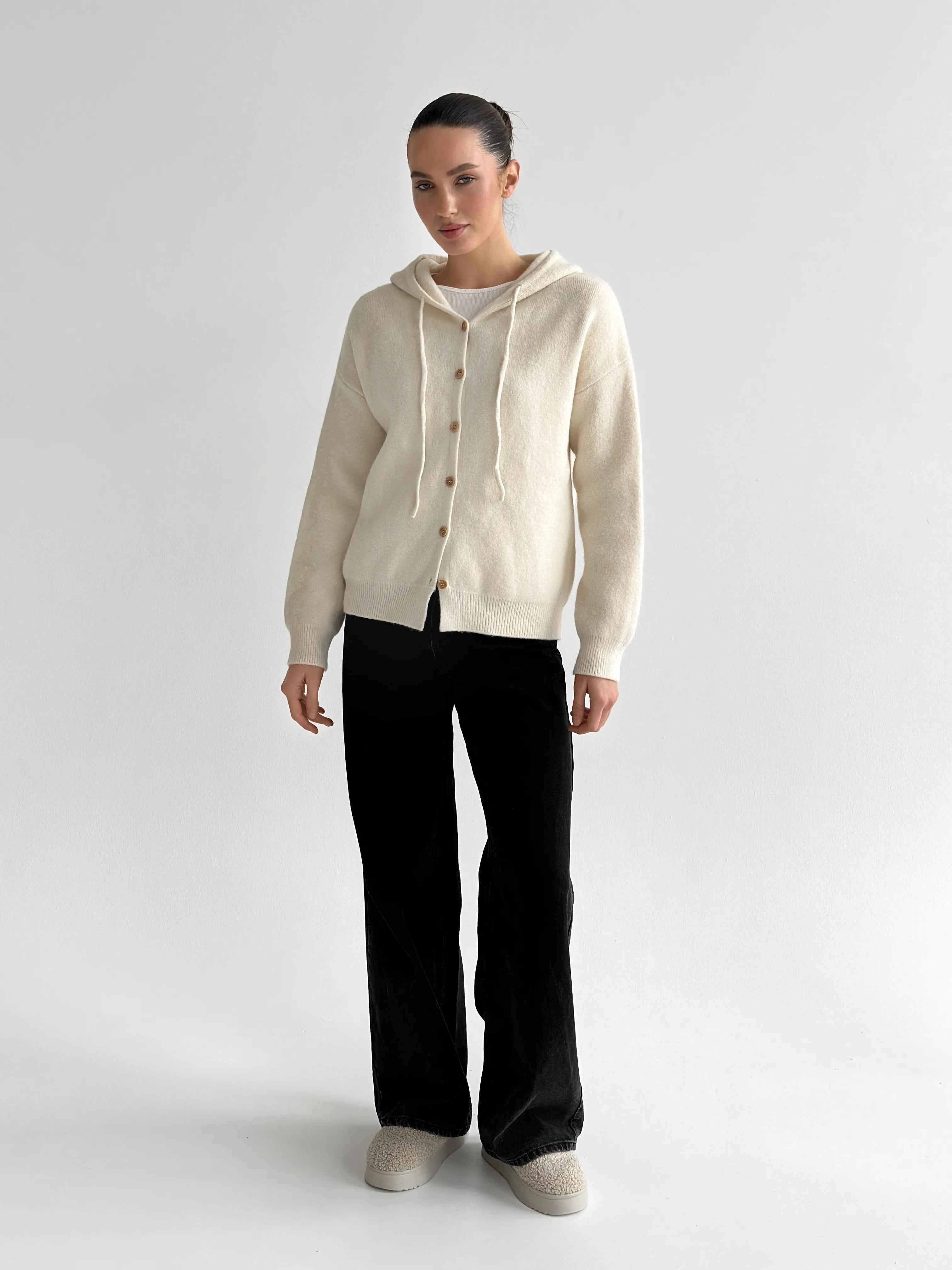 Hooded cardigan with brown buttons, milky