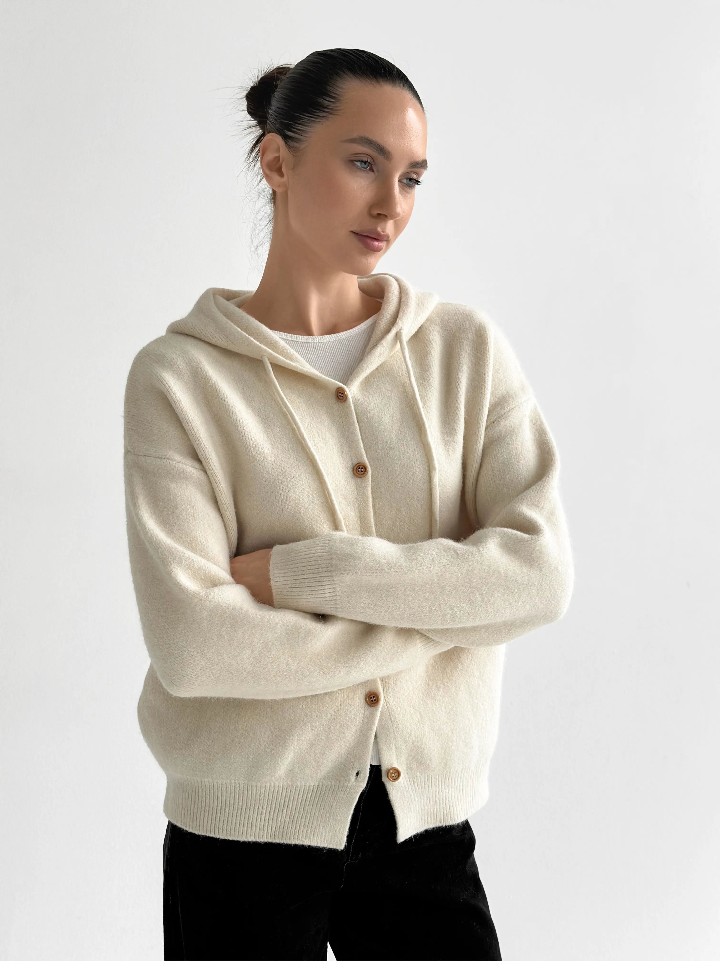 Hooded cardigan with brown buttons, milky