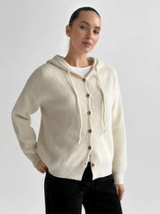Hooded cardigan with brown buttons, milky