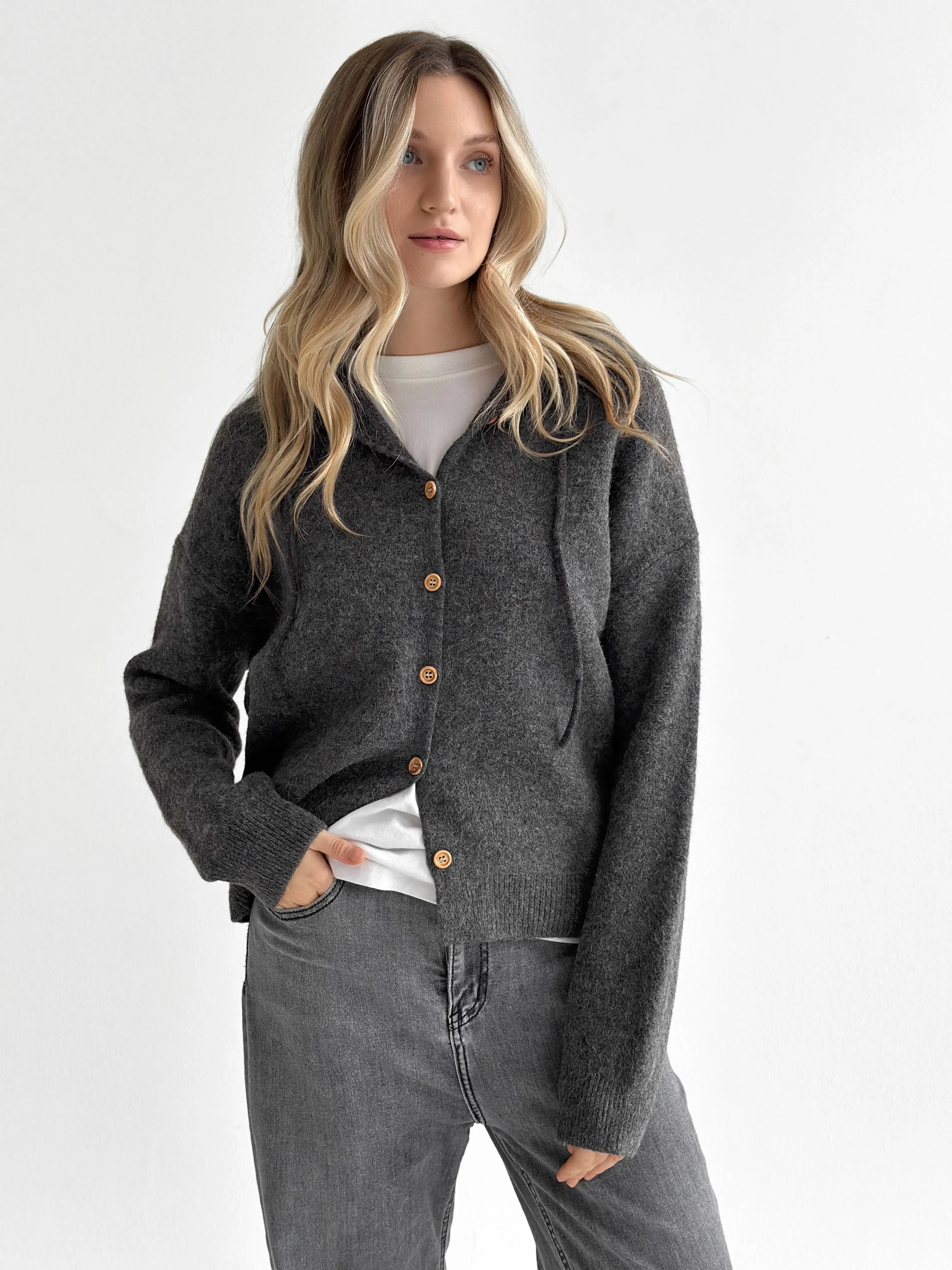 Hooded cardigan with buttons graphite