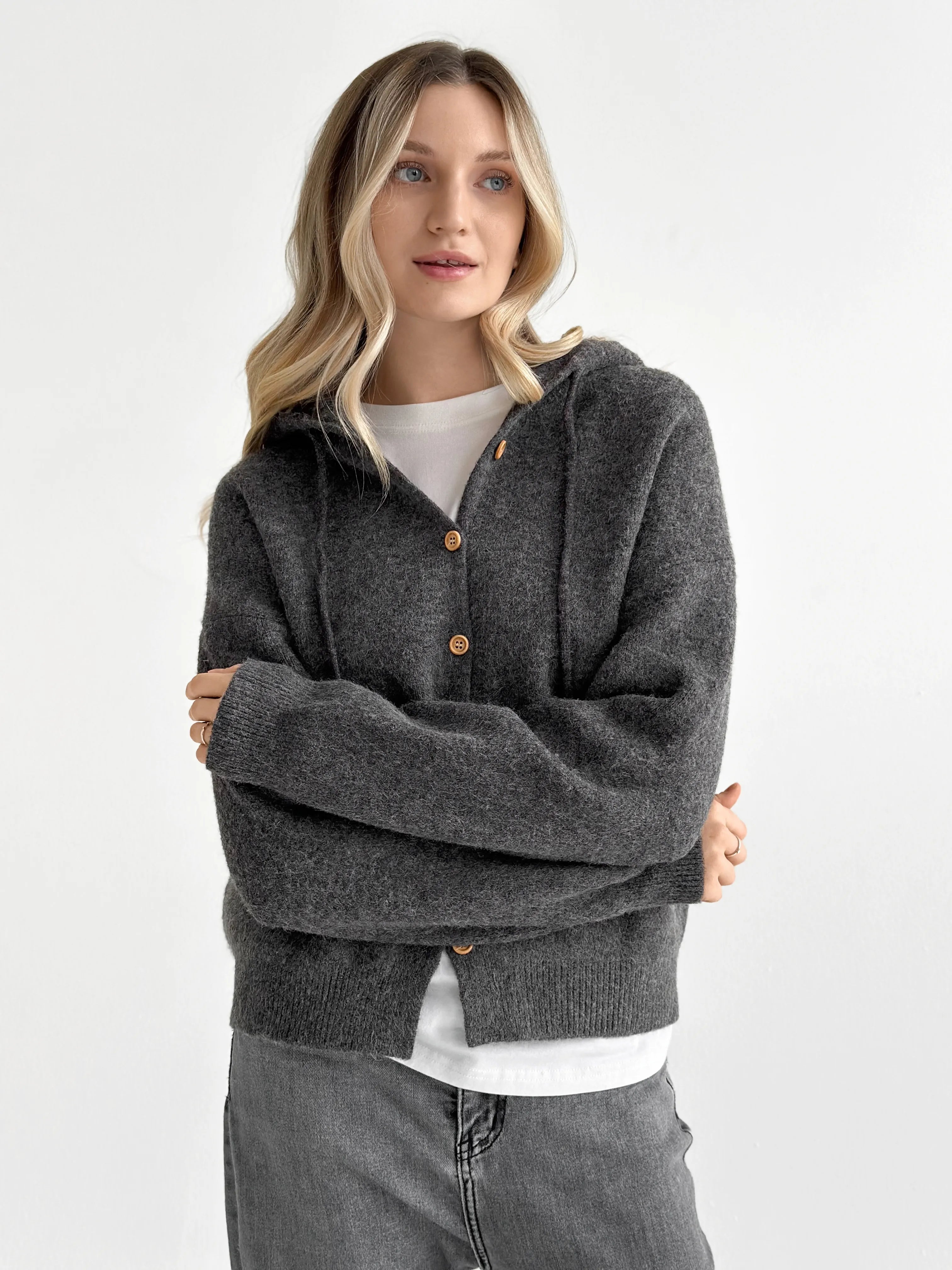 Hooded cardigan with buttons graphite