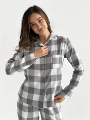 Flannel pajama set "large gray check" on milky