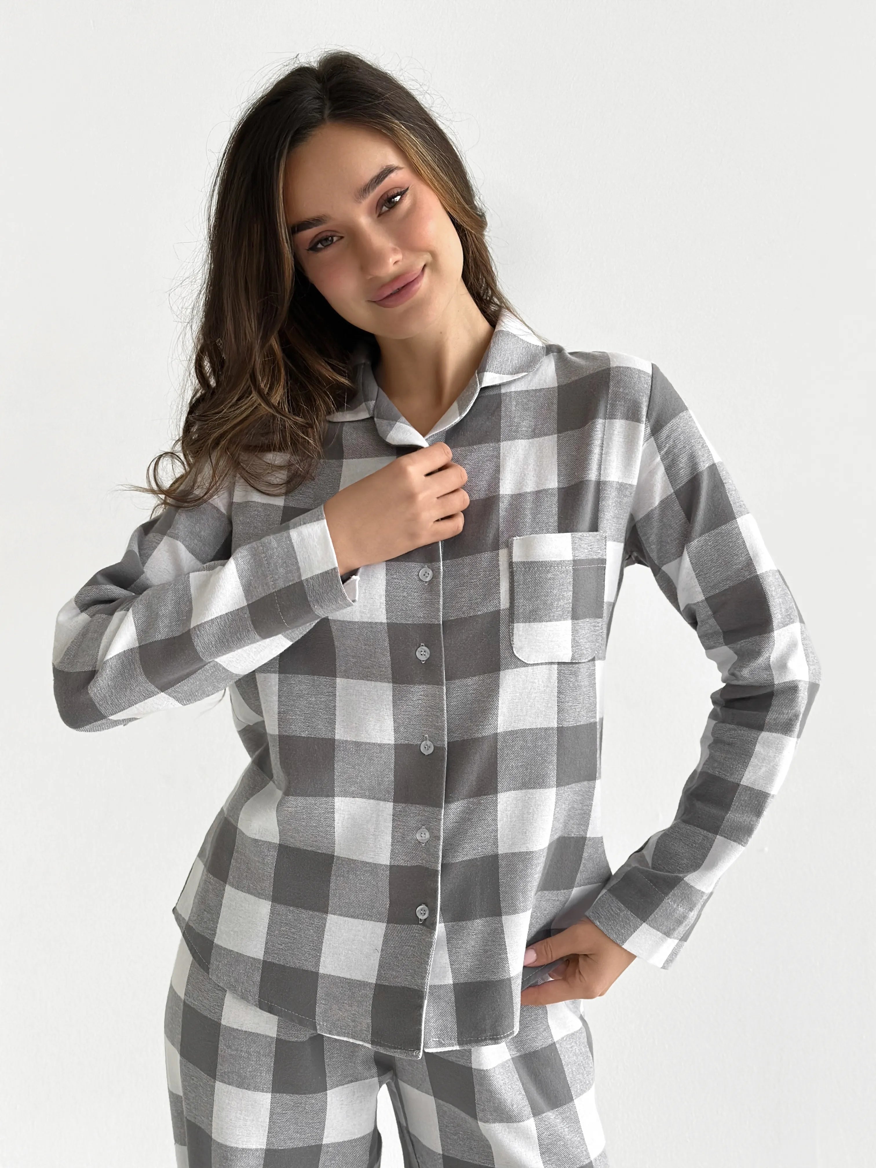 Flannel pajama set "large gray check" on milky