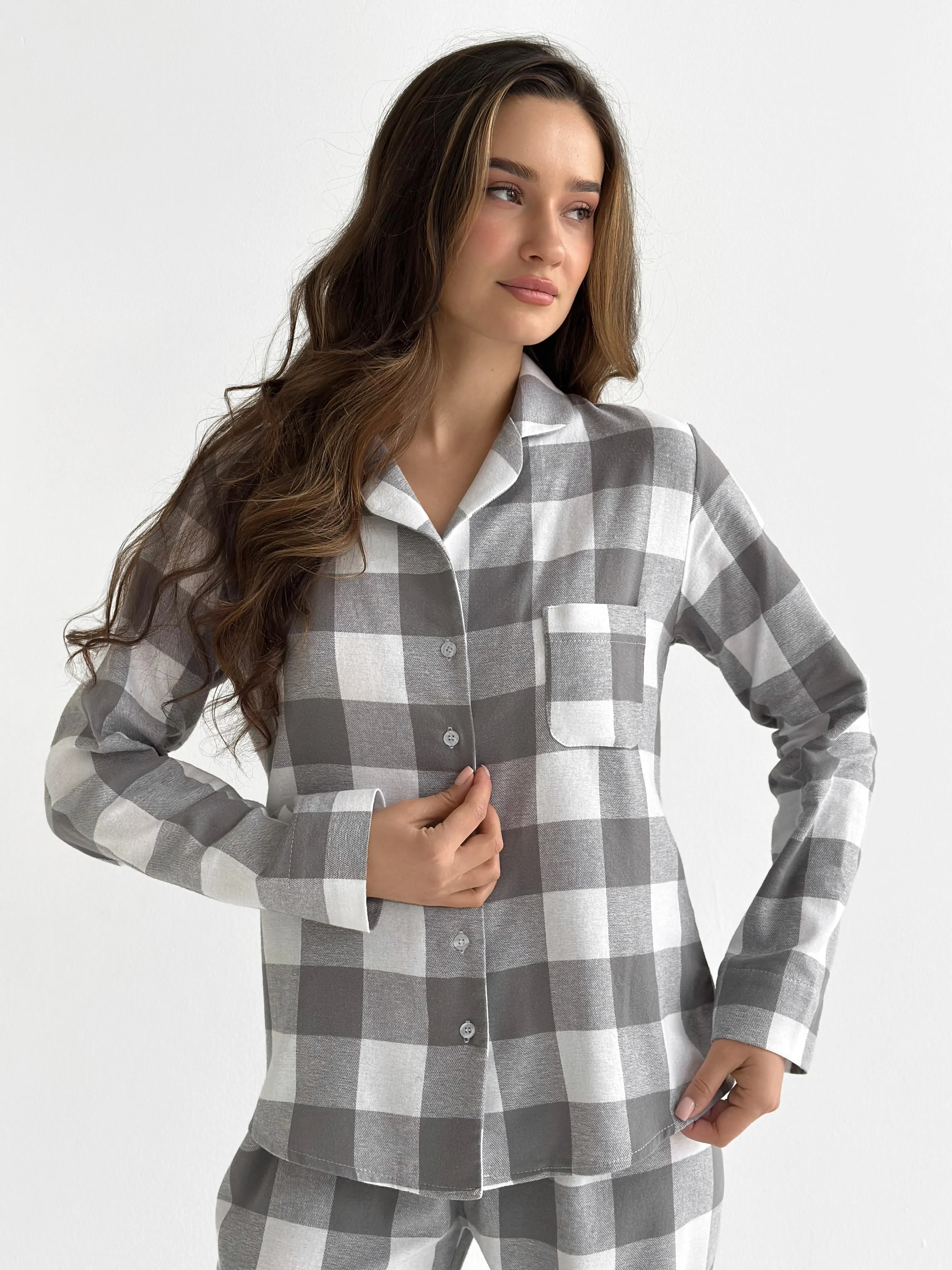 Flannel pajama set "large gray check" on milky