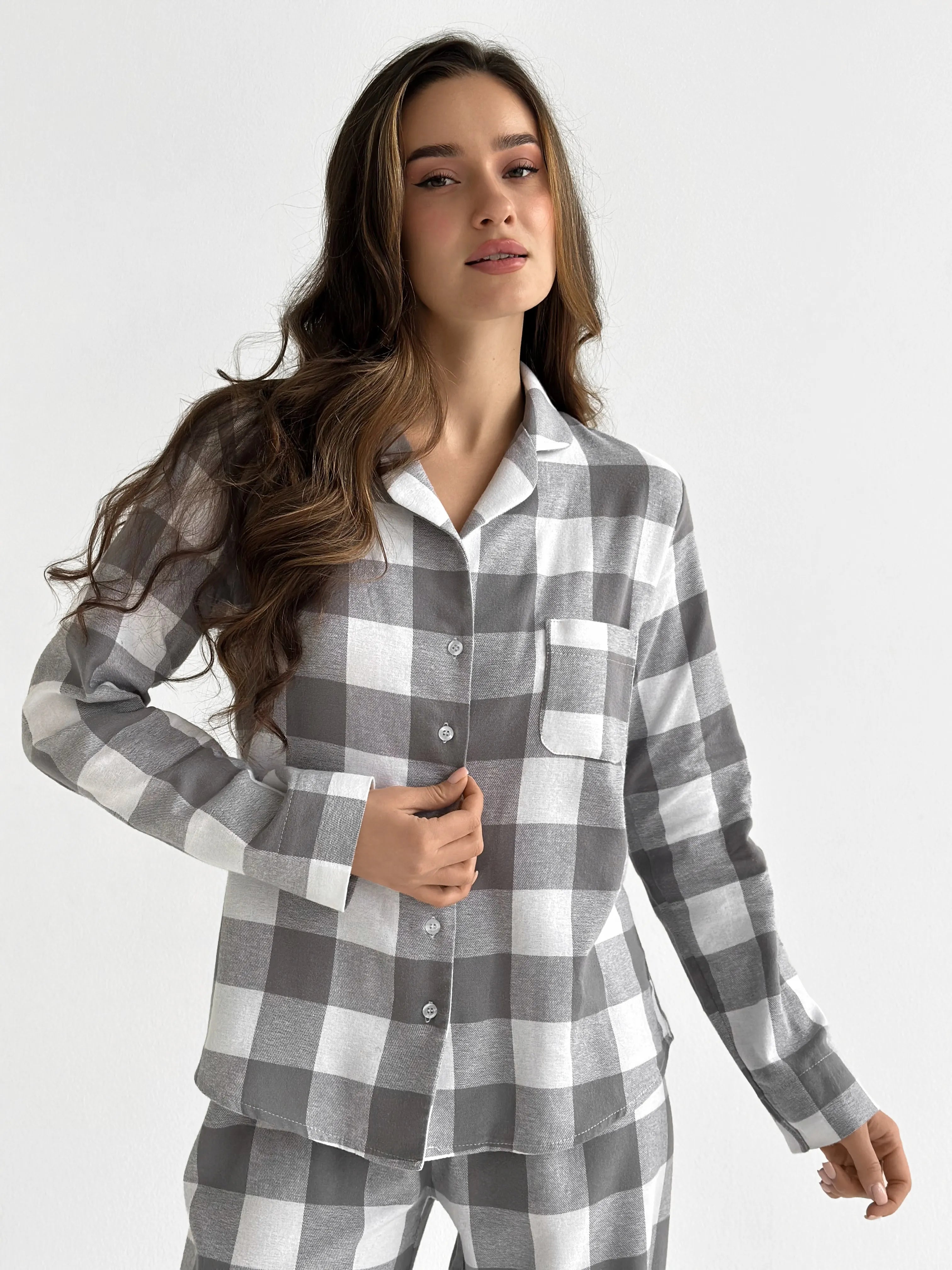 Flannel pajama set "large gray check" on milky