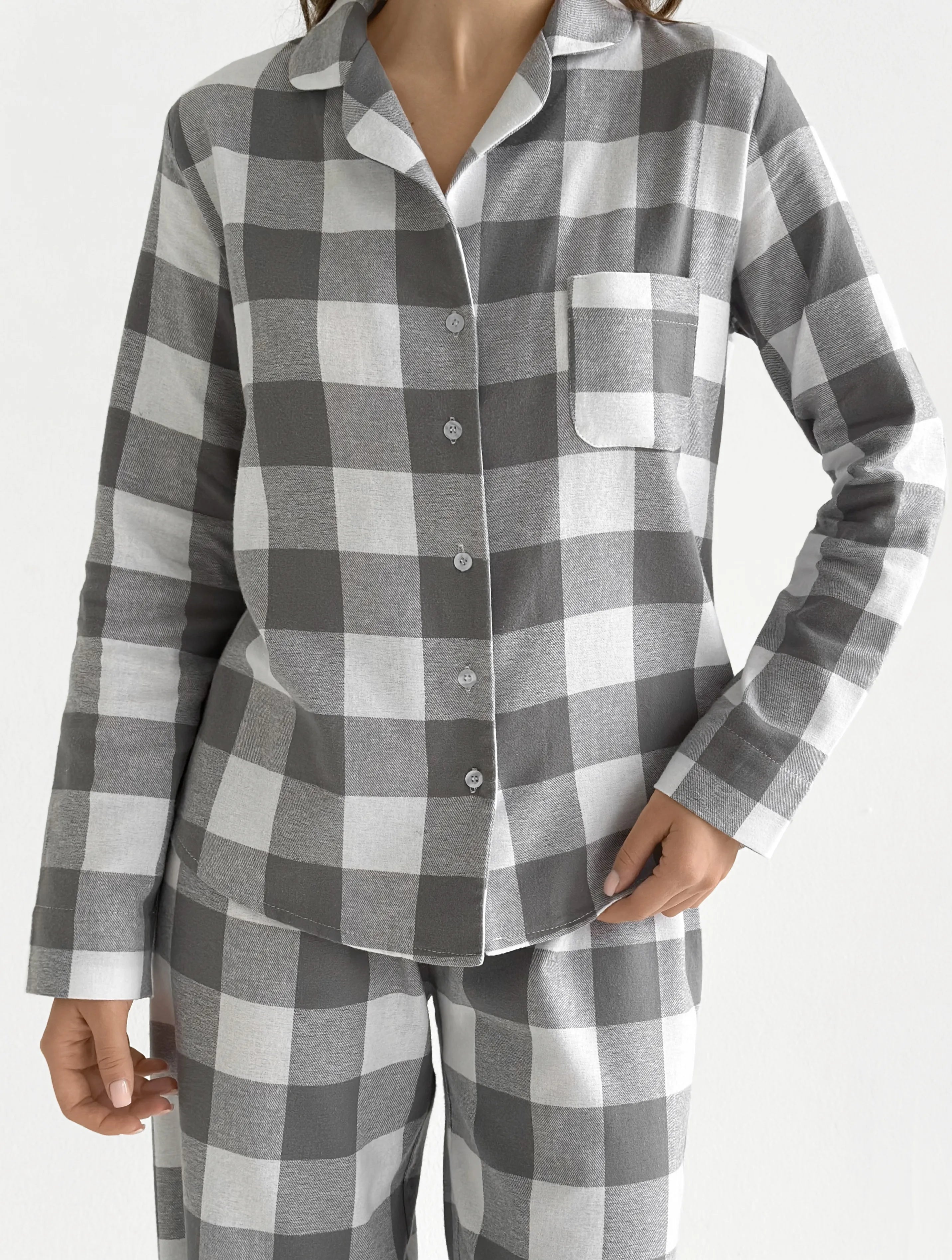 Flannel pajama set "large gray check" on milky