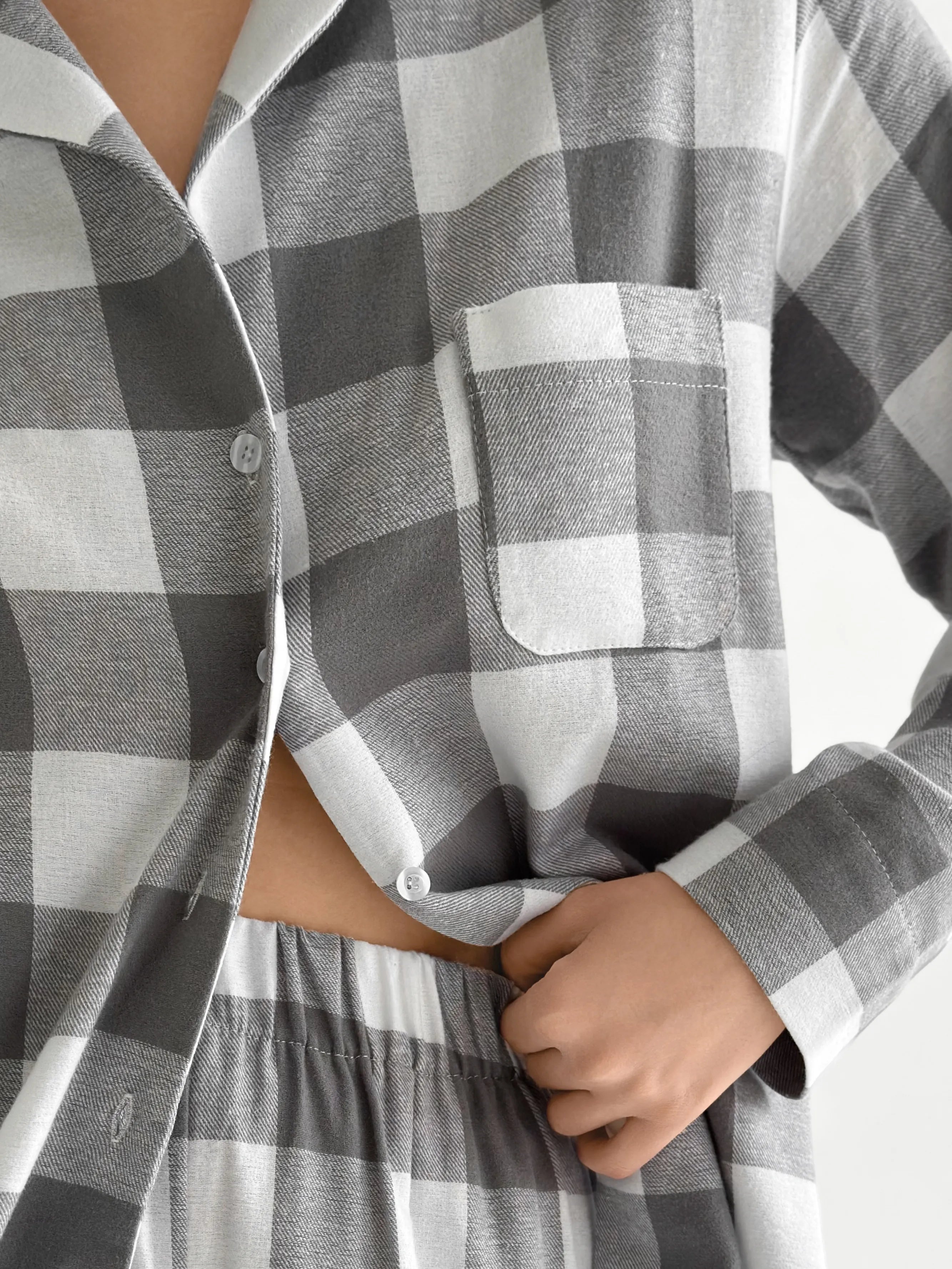 Flannel pajama set "large gray check" on milky