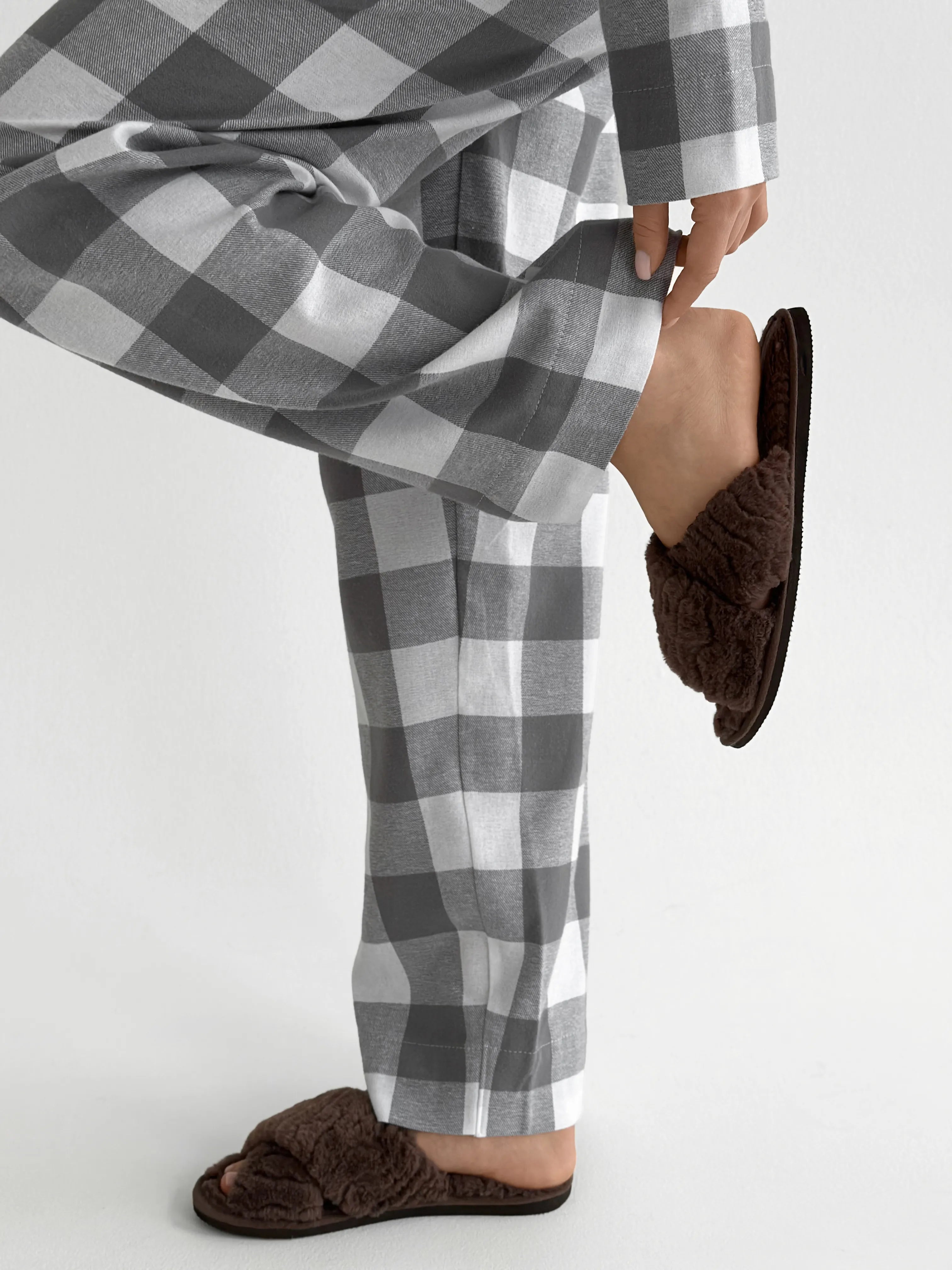 Flannel pajama set "large gray check" on milky