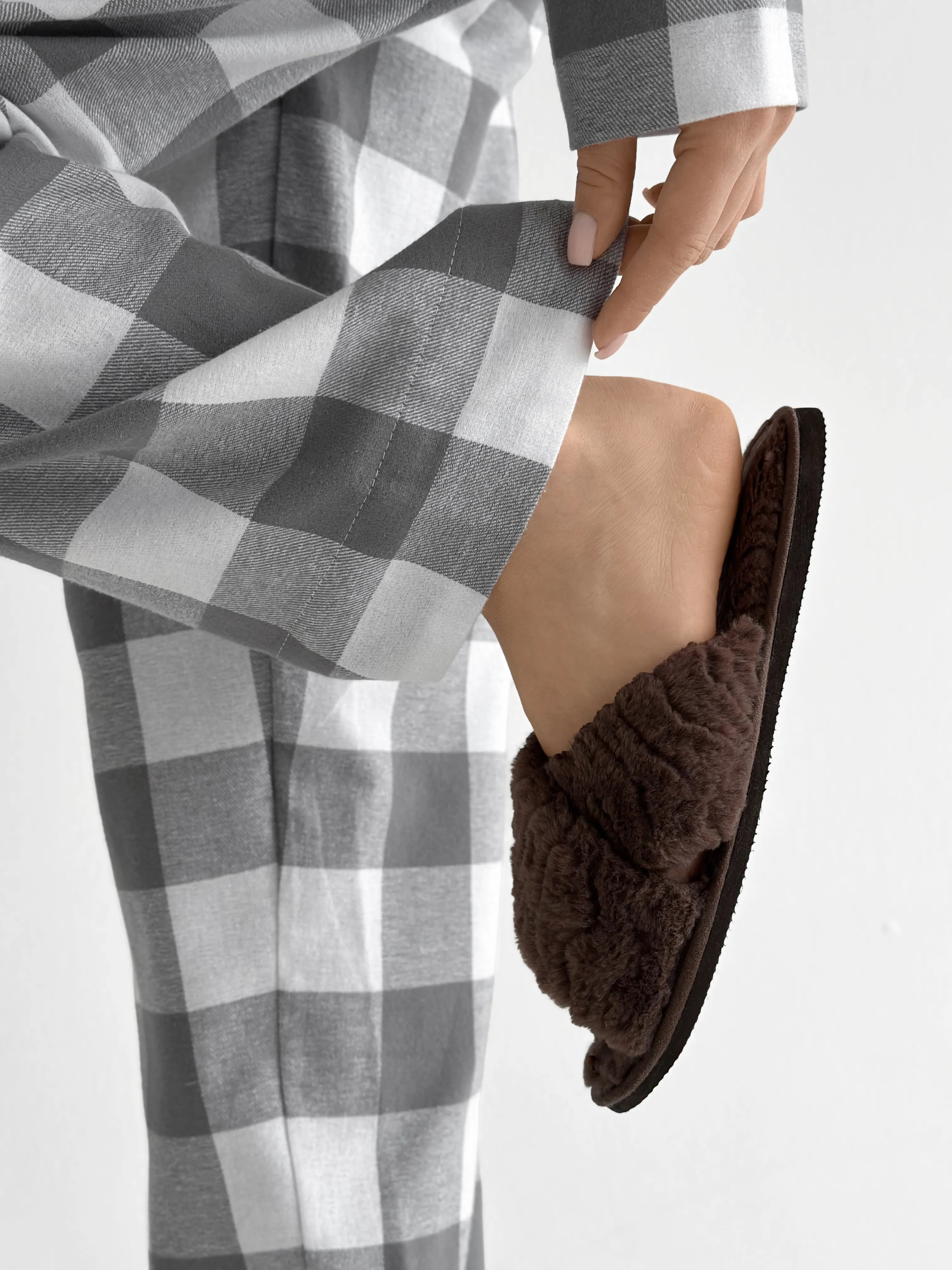 Flannel pajama set "large gray check" on milky