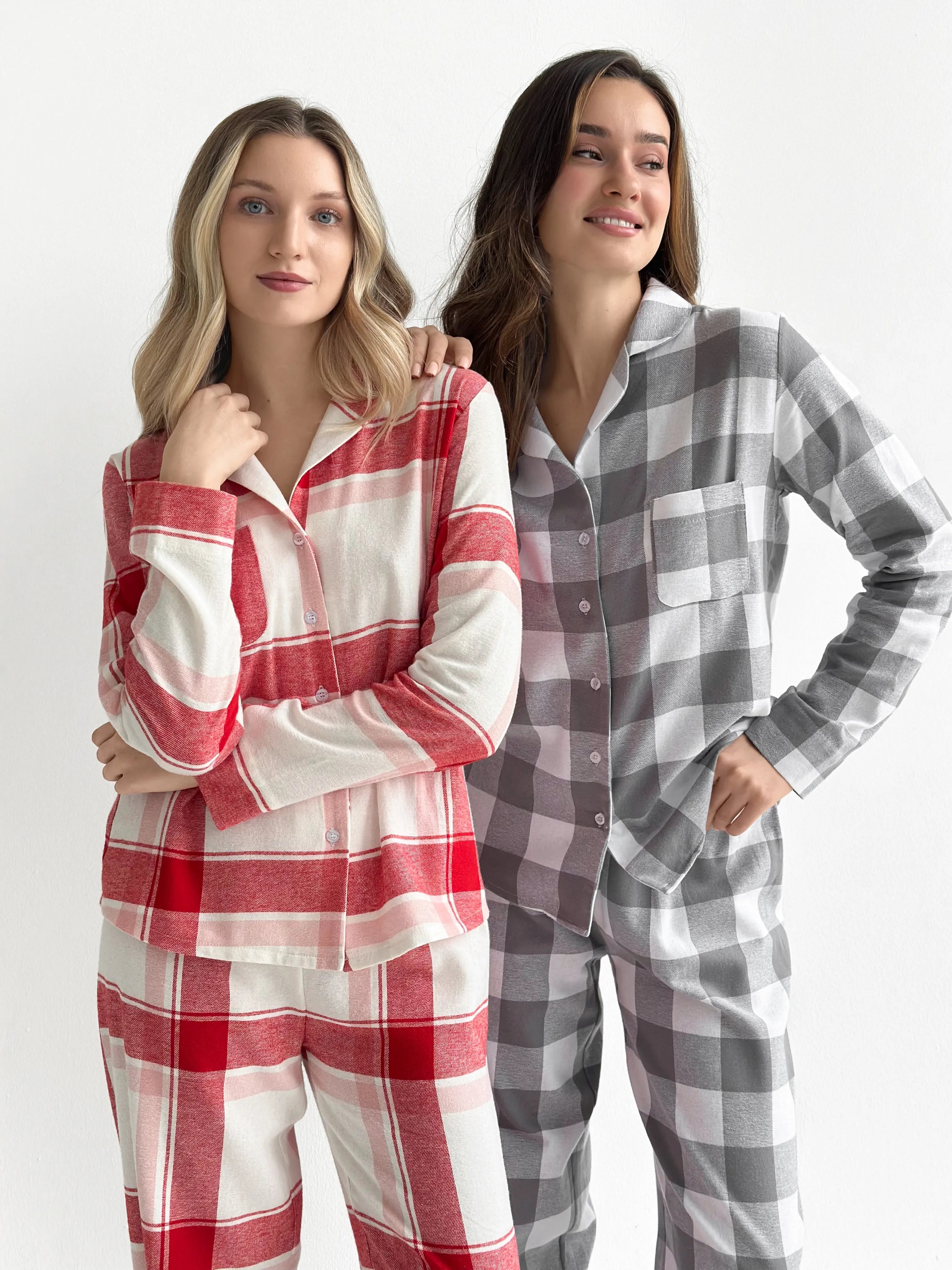 Flannel pajama set "large gray check" on milky