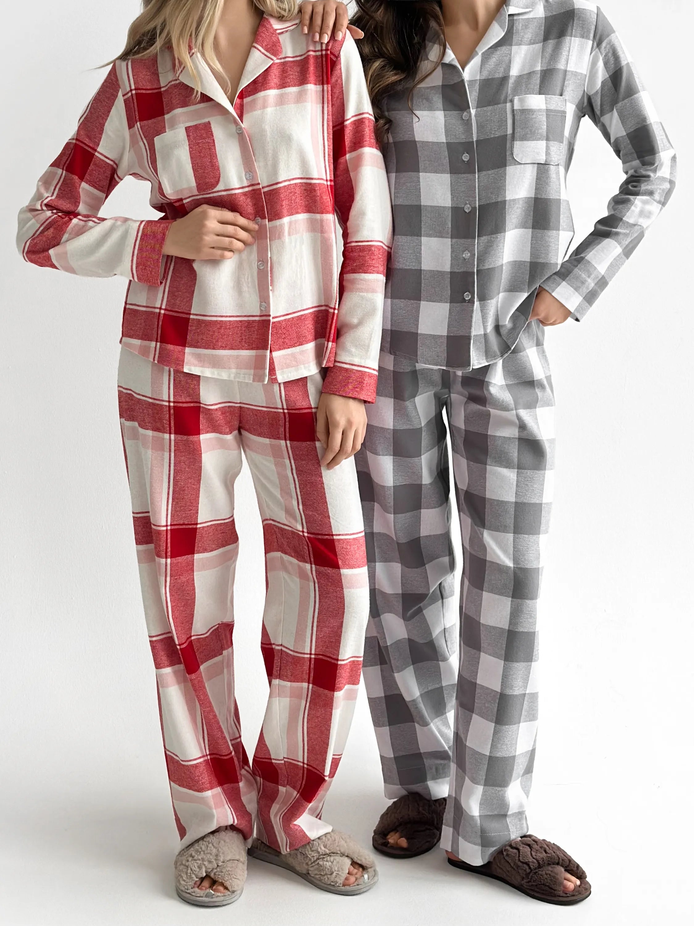 Flannel pajama set "large gray check" on milky