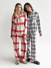 Flannel pajama set "large gray check" on milky