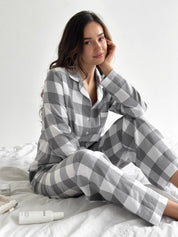 Flannel pajama set "large gray check" on milky