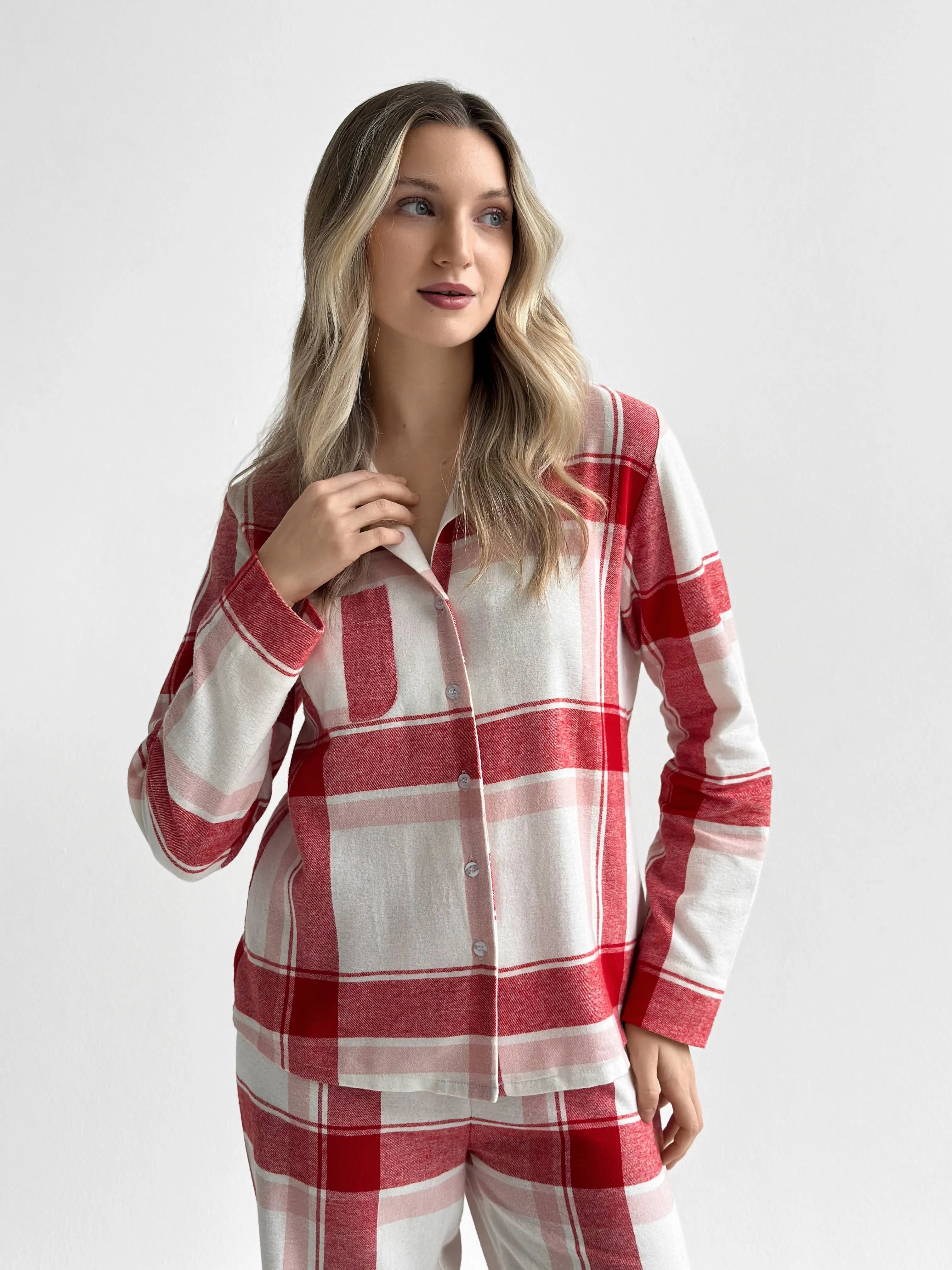 Flannel pajama set "red check" on milky