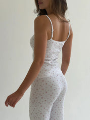T-shirt and pants set ribbed small pink flower on white