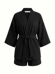 Muslin set 2-layer kimono+shorts black