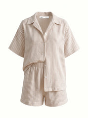 Muslin 2-layer shorts + striped shirt beige suit