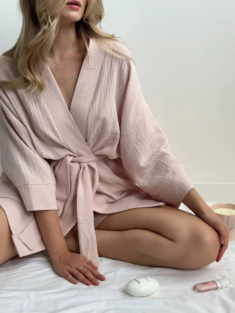 Muslin set 2-layer kimono+shorts powder
