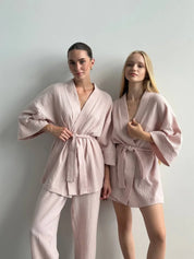Muslin set 2-layer kimono+shorts powder