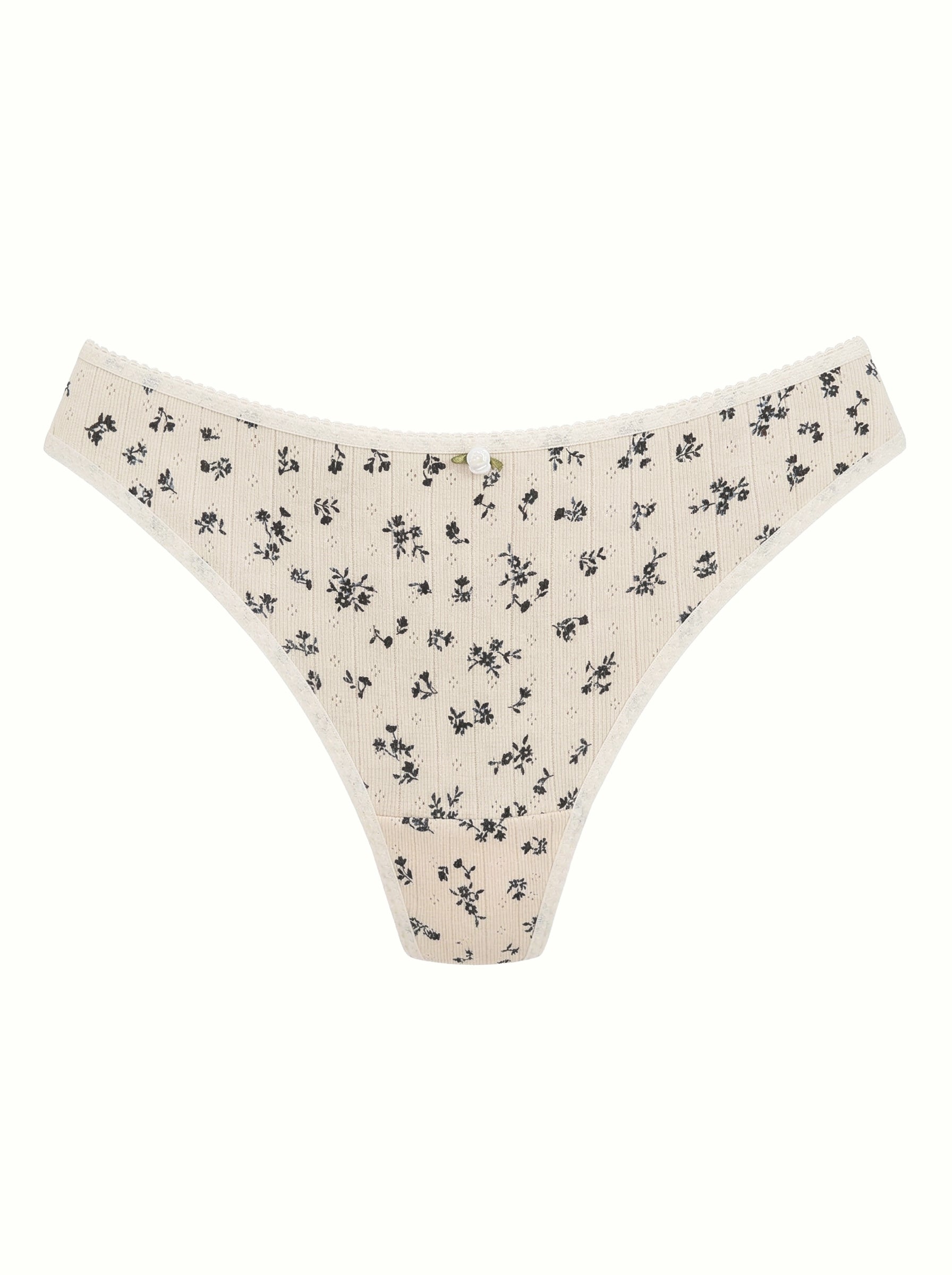 Lingerie Thongs Milk with Blue Flowers Ribbed