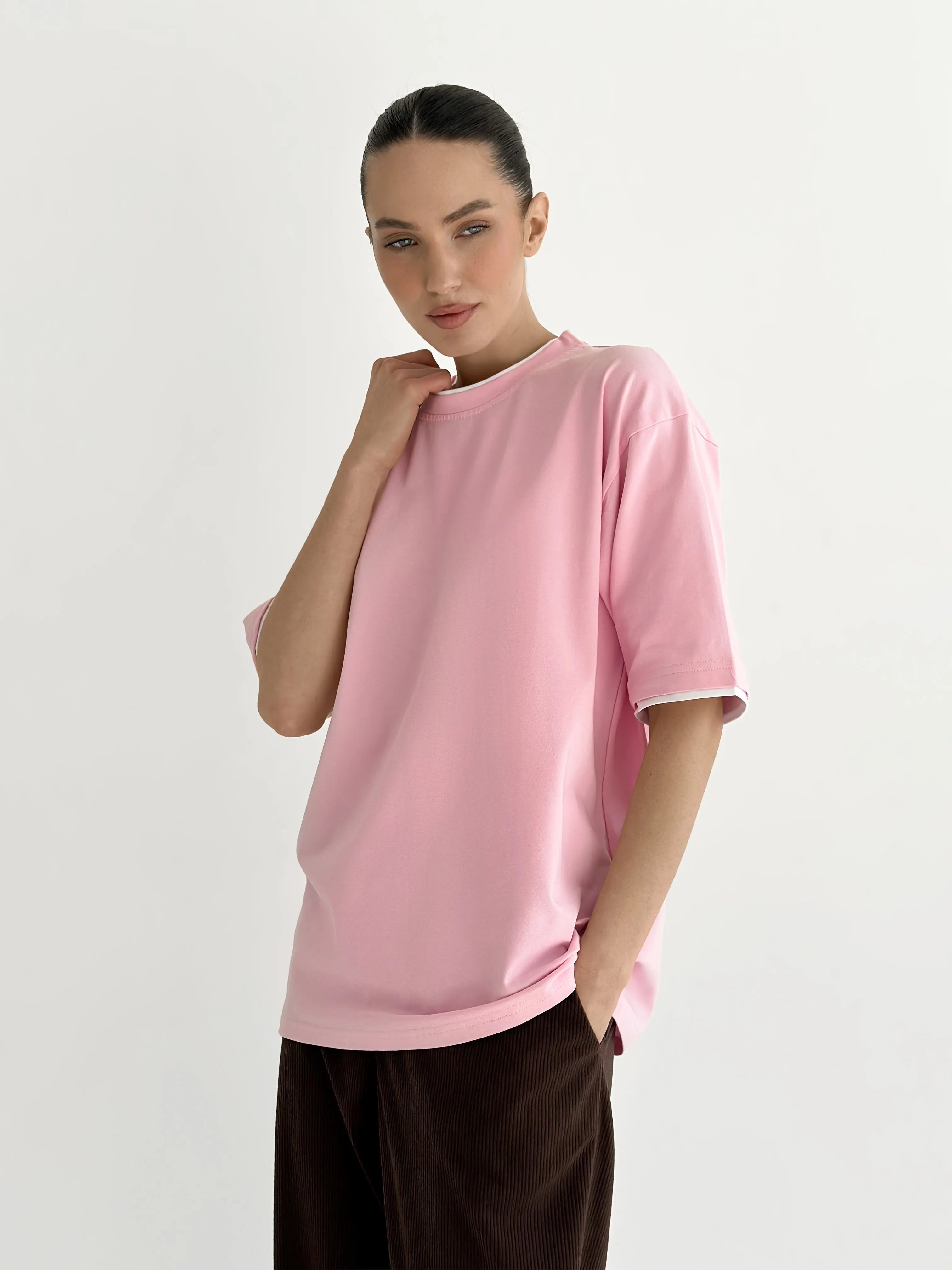 T-shirt with white trim, light pink, onesize