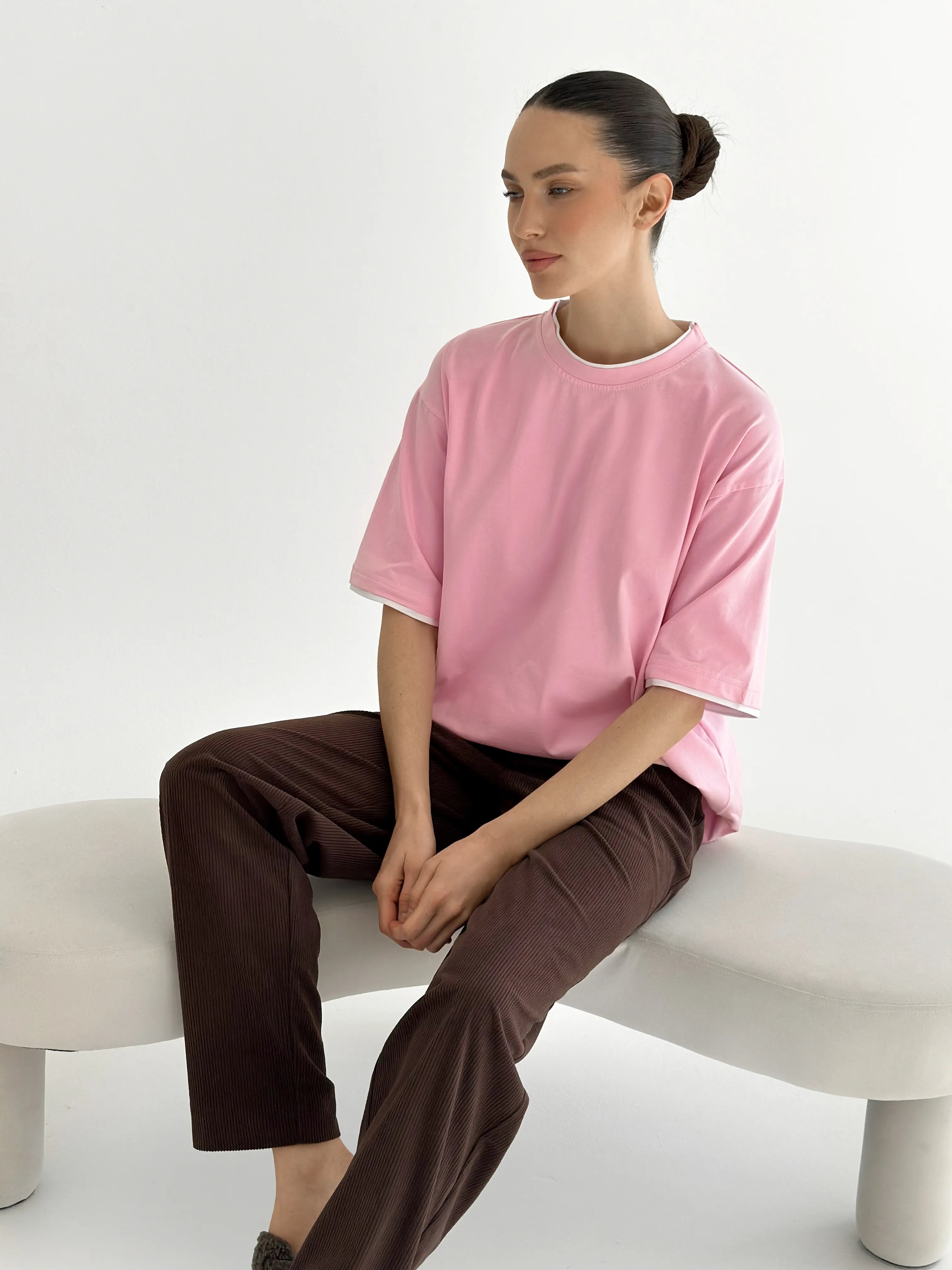 T-shirt with white trim, light pink, onesize