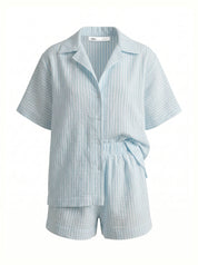 Blue striped muslin shirt and shorts suit