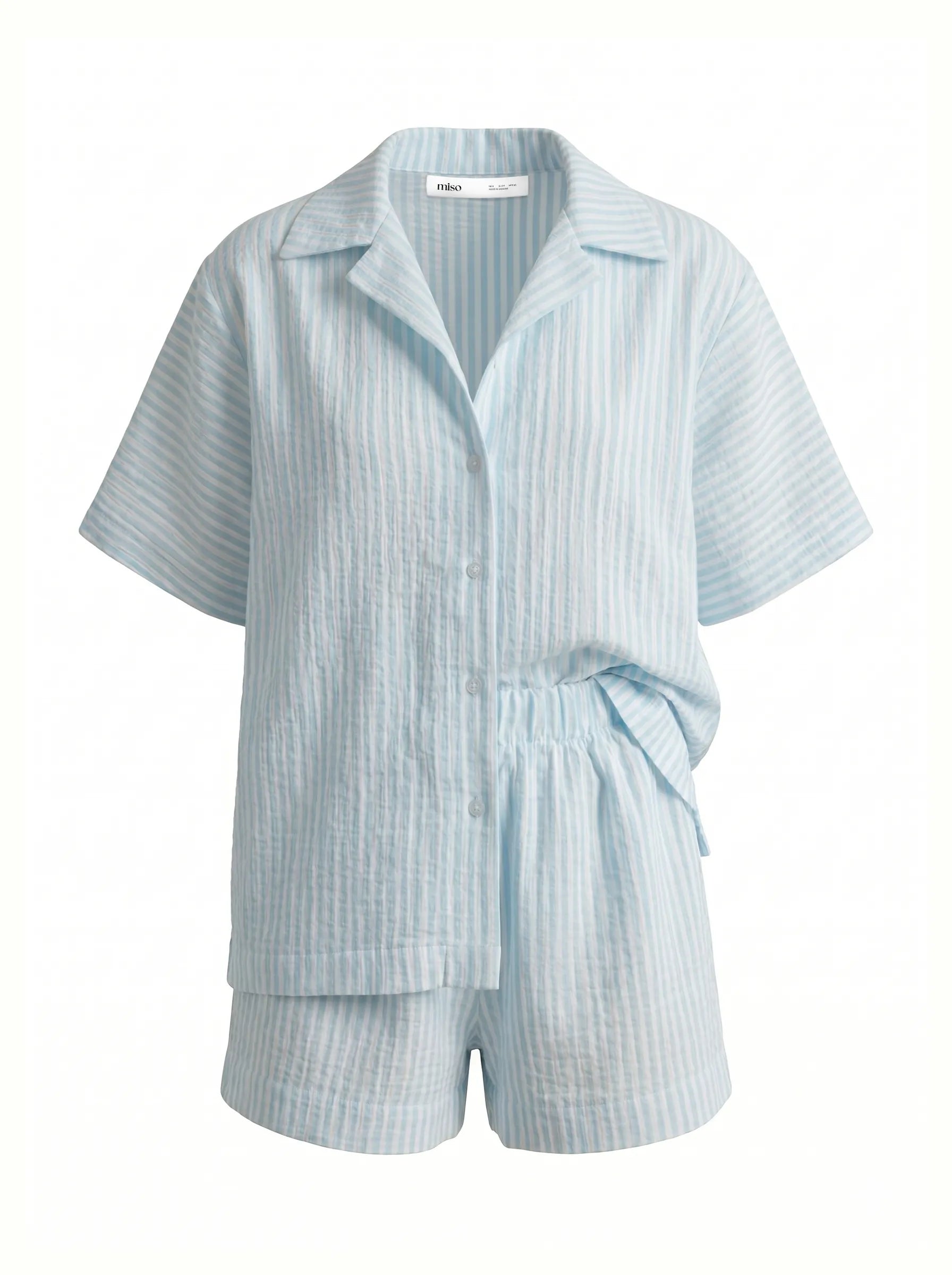 Blue striped muslin shirt and shorts suit
