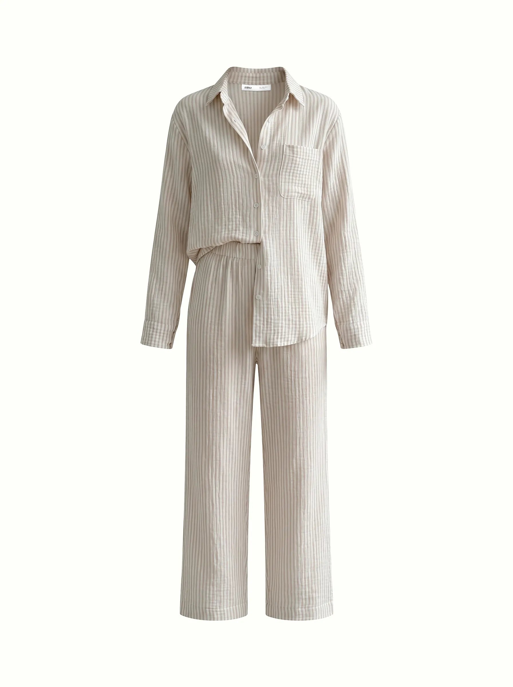Beige striped muslin shirt and pants suit