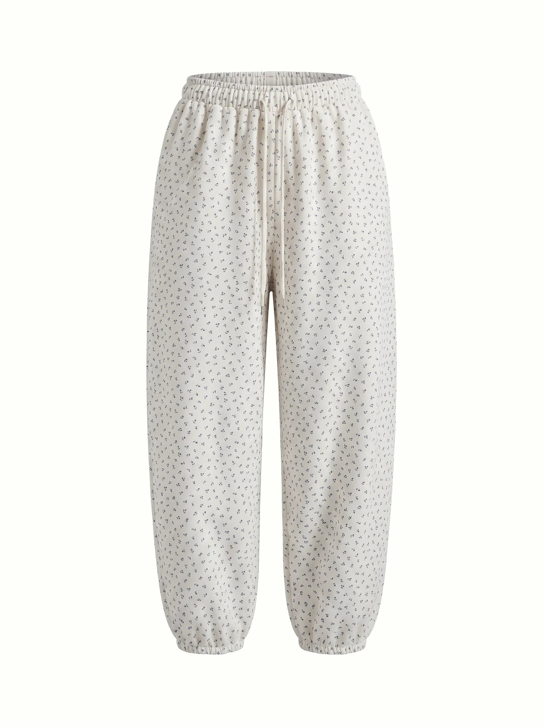 Cotton Pants knitwear 3-thread blue flower on milky