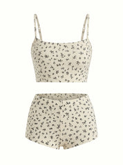 Ribbed set Top and shorts milky with blue flower
