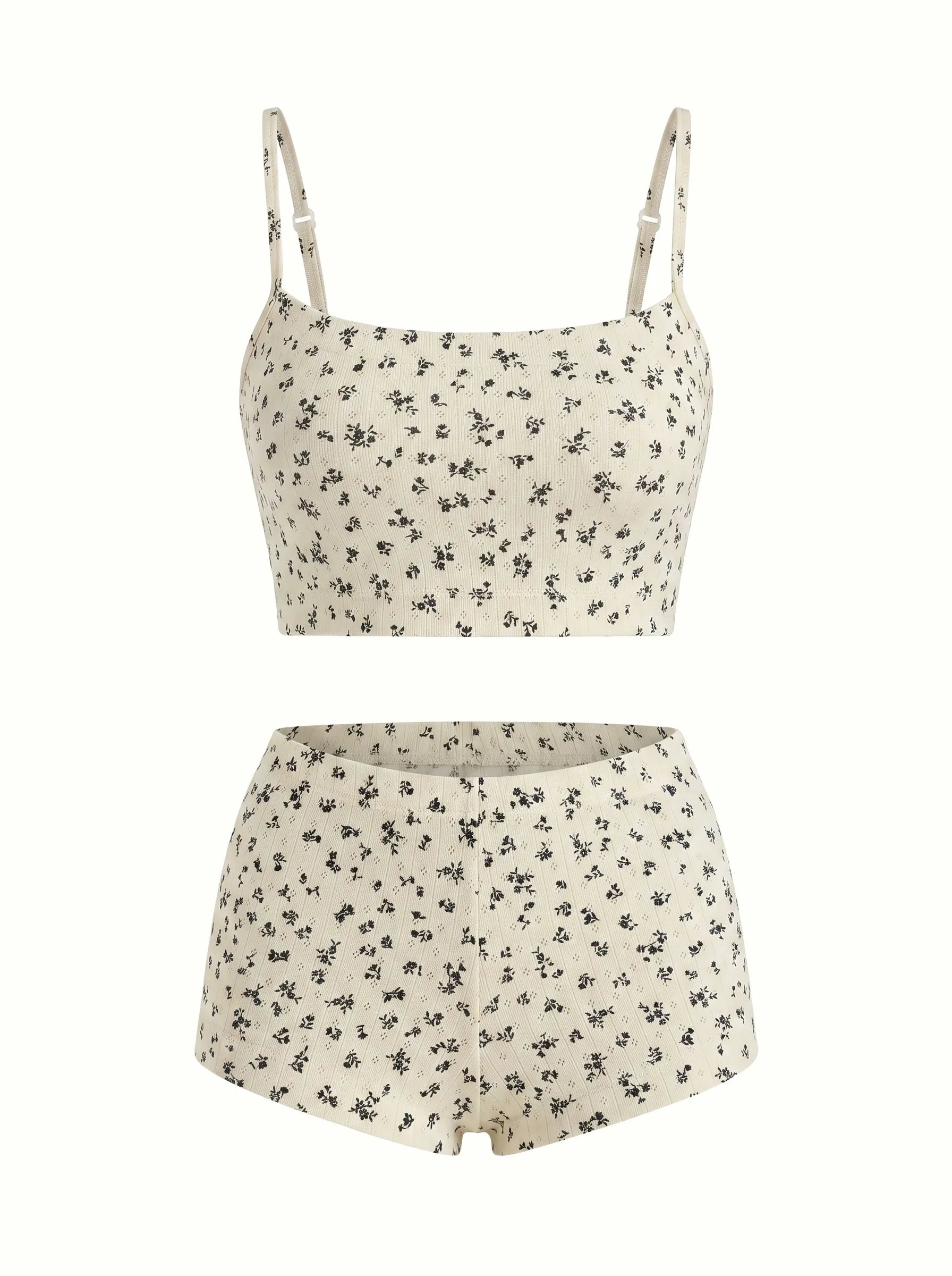 Ribbed set Top and shorts milky with blue flower