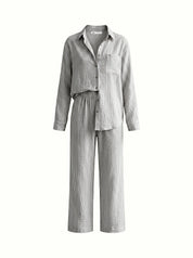 Dark gray striped muslin shirt and pants suit