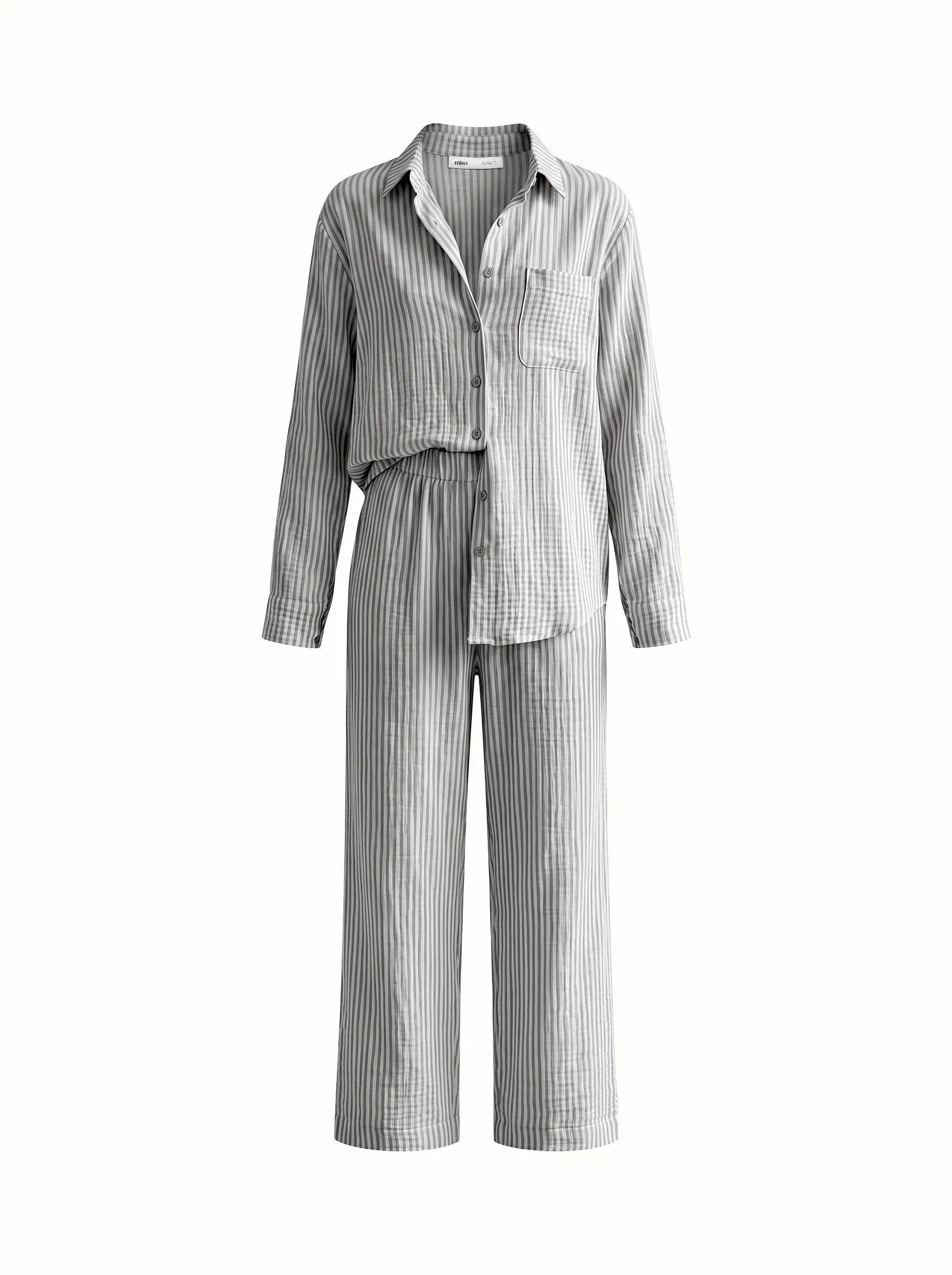 Dark gray striped muslin shirt and pants suit