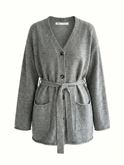 Set knitted cardigan with belt and gray pants